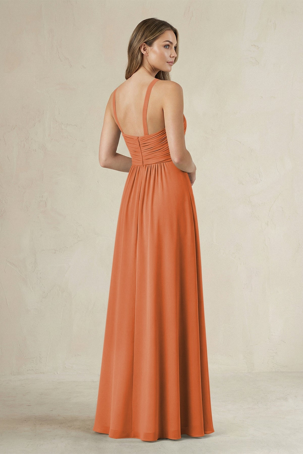 Cross Halter A - Line Pleated Bridesmaid Dress in Terracotta - KissProm Bridesmaid Dresses