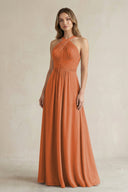 Cross Halter A - Line Pleated Bridesmaid Dress in Terracotta - KissProm Bridesmaid Dresses