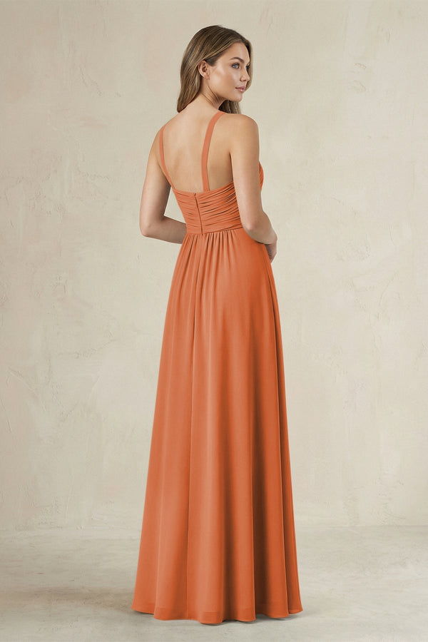 Cross Halter A - Line Pleated Bridesmaid Dress in Terracotta - KissProm Bridesmaid Dresses