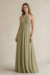 Cross Halter A - Line Pleated Bridesmaid Dress in Thyme - KissProm Bridesmaid Dresses