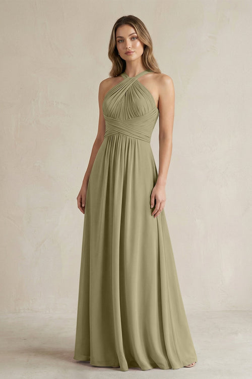 Cross Halter A - Line Pleated Bridesmaid Dress in Thyme - KissProm Bridesmaid Dresses