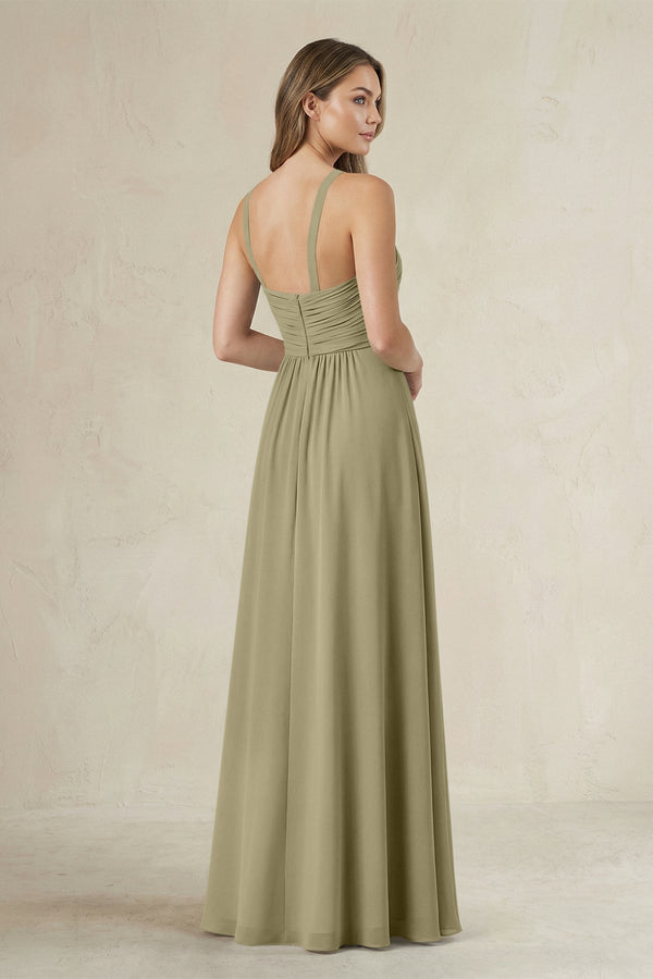 Cross Halter A - Line Pleated Bridesmaid Dress in Thyme - KissProm Bridesmaid Dresses