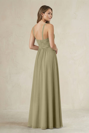 Cross Halter A - Line Pleated Bridesmaid Dress in Thyme - KissProm Bridesmaid Dresses