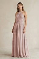 Cross Halter A - Line Pleated Bridesmaid Dress in Toffee - KissProm Bridesmaid Dresses