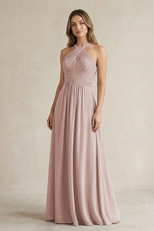 Cross Halter A - Line Pleated Bridesmaid Dress in Toffee - KissProm Bridesmaid Dresses