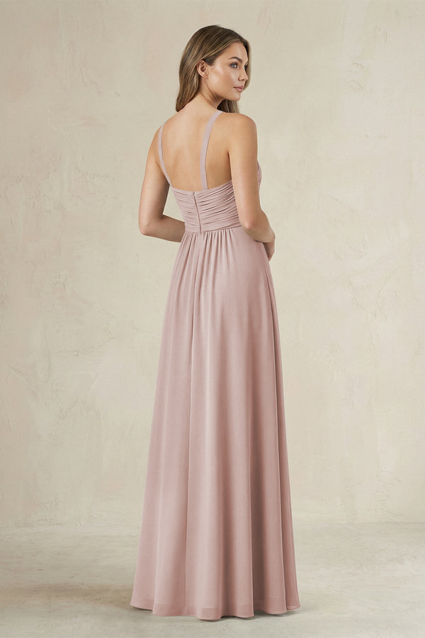 Cross Halter A - Line Pleated Bridesmaid Dress in Toffee - KissProm Bridesmaid Dresses