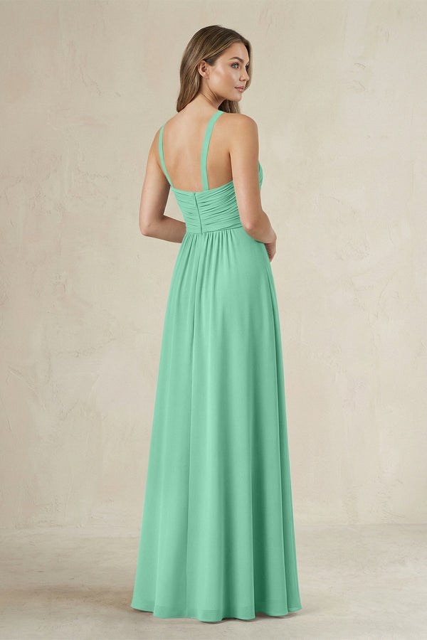 Cross Halter A - Line Pleated Bridesmaid Dress in Turquoise - KissProm Bridesmaid Dresses