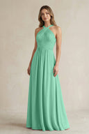Cross Halter A - Line Pleated Bridesmaid Dress in Turquoise - KissProm Bridesmaid Dresses