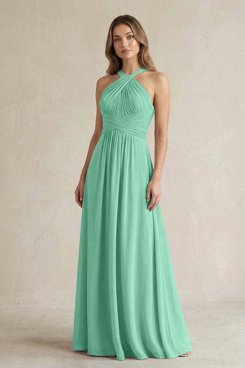 Cross Halter A - Line Pleated Bridesmaid Dress in Turquoise - KissProm Bridesmaid Dresses