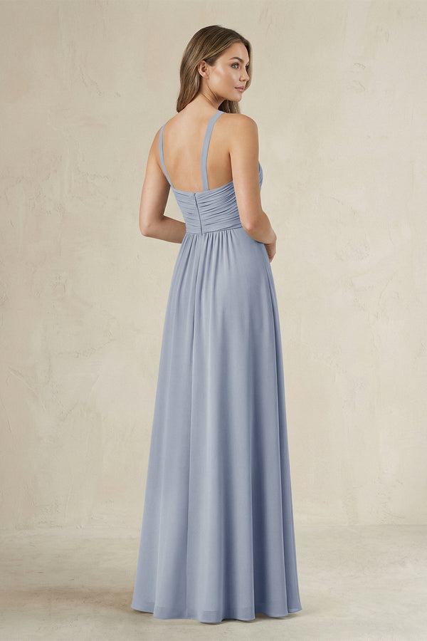 Cross Halter A - Line Pleated Bridesmaid Dress in Twilight - KissProm Bridesmaid Dresses