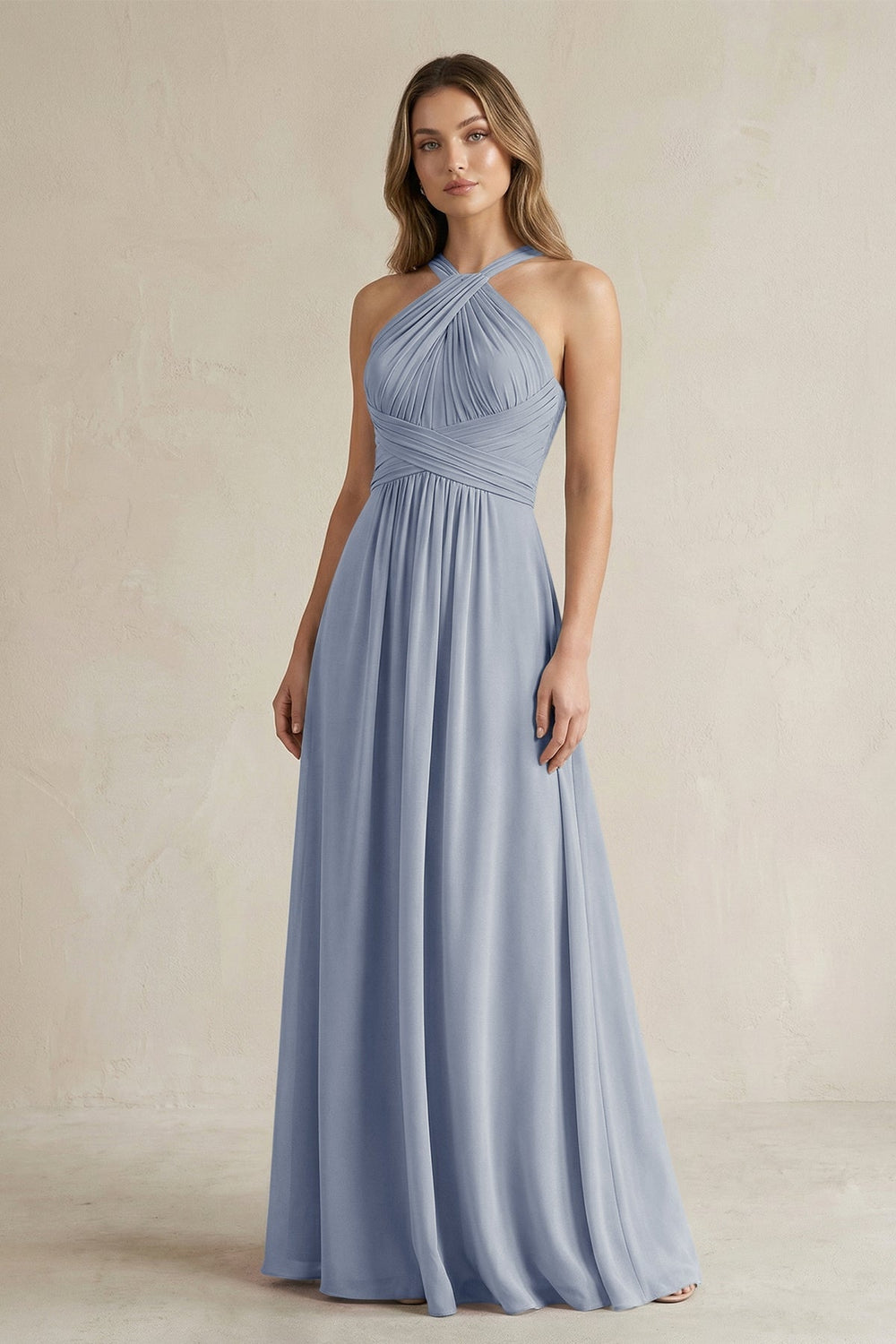 Cross Halter A - Line Pleated Bridesmaid Dress in Twilight - KissProm Bridesmaid Dresses