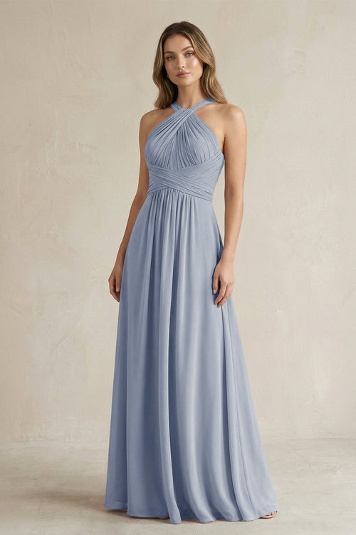 Cross Halter A - Line Pleated Bridesmaid Dress in Twilight - KissProm Bridesmaid Dresses