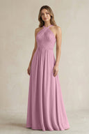 Cross Halter A - Line Pleated Bridesmaid Dress in Vintage Mauve - KissProm Bridesmaid Dresses