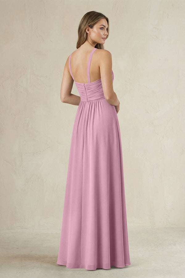Cross Halter A - Line Pleated Bridesmaid Dress in Vintage Mauve - KissProm Bridesmaid Dresses