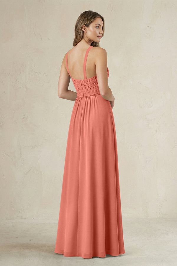 Cross Halter A - Line Pleated Bridesmaid Dress in Wild Rose - KissProm Bridesmaid Dresses