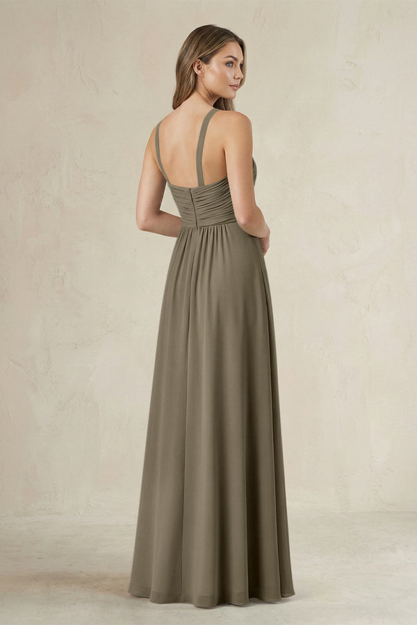 Cross Halter A - Line Pleated Bridesmaid Dress in Willow Green - KissProm Bridesmaid Dresses