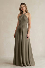 Cross Halter A - Line Pleated Bridesmaid Dress in Willow Green - KissProm Bridesmaid Dresses