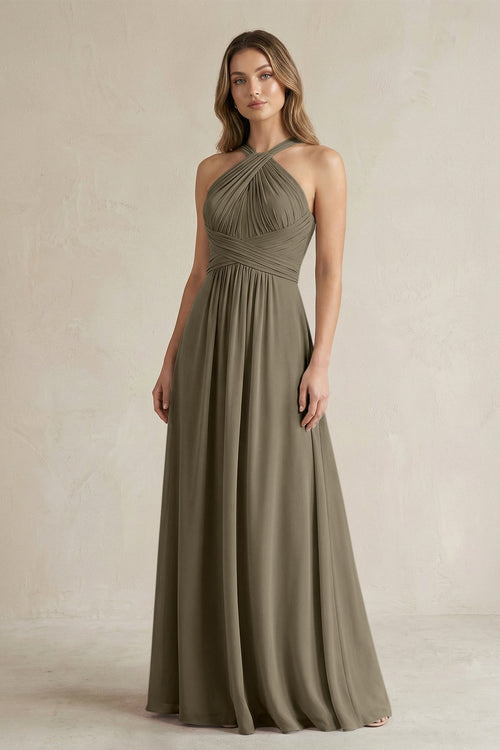 Cross Halter A - Line Pleated Bridesmaid Dress in Willow Green - KissProm Bridesmaid Dresses