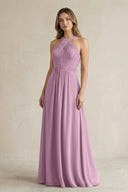 Cross Halter A - Line Pleated Bridesmaid Dress in Wisteria - KissProm Bridesmaid Dresses