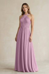Cross Halter A - Line Pleated Bridesmaid Dress in Wisteria - KissProm Bridesmaid Dresses