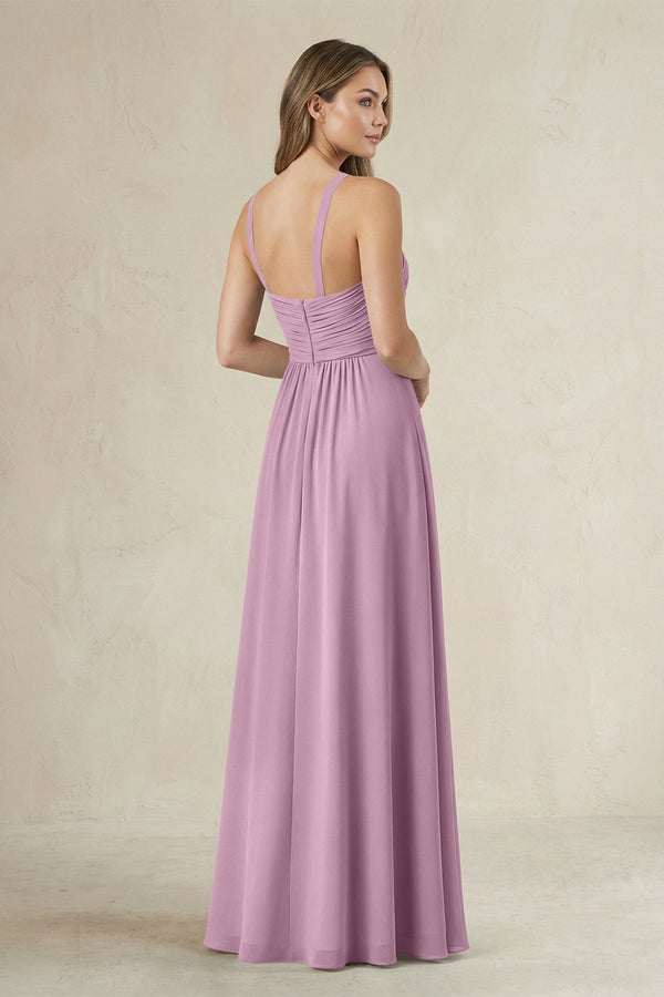 Cross Halter A - Line Pleated Bridesmaid Dress in Wisteria - KissProm Bridesmaid Dresses