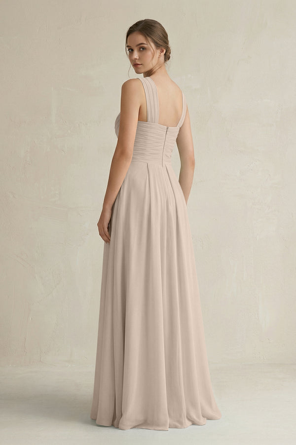 Cross Halter Chiffon A - Line Pleated Bridesmaid Dress in Almond - KissProm Bridesmaid Dresses