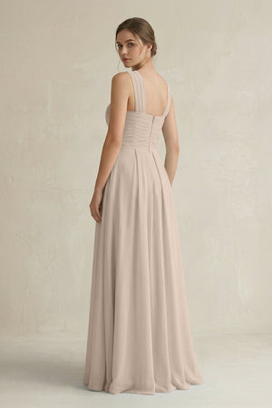 Cross Halter Chiffon A - Line Pleated Bridesmaid Dress in Almond - KissProm Bridesmaid Dresses