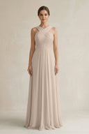 Cross Halter Chiffon A - Line Pleated Bridesmaid Dress in Almond - KissProm Bridesmaid Dresses