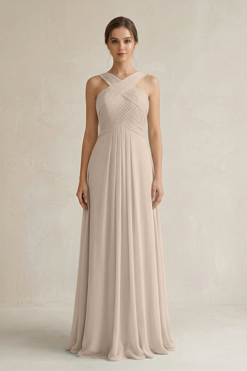 Cross Halter Chiffon A - Line Pleated Bridesmaid Dress in Almond - KissProm Bridesmaid Dresses