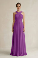 Cross Halter Chiffon A - Line Pleated Bridesmaid Dress in Amethyst - KissProm Bridesmaid Dresses