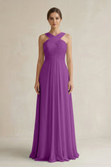 Cross Halter Chiffon A - Line Pleated Bridesmaid Dress in Amethyst - KissProm Bridesmaid Dresses