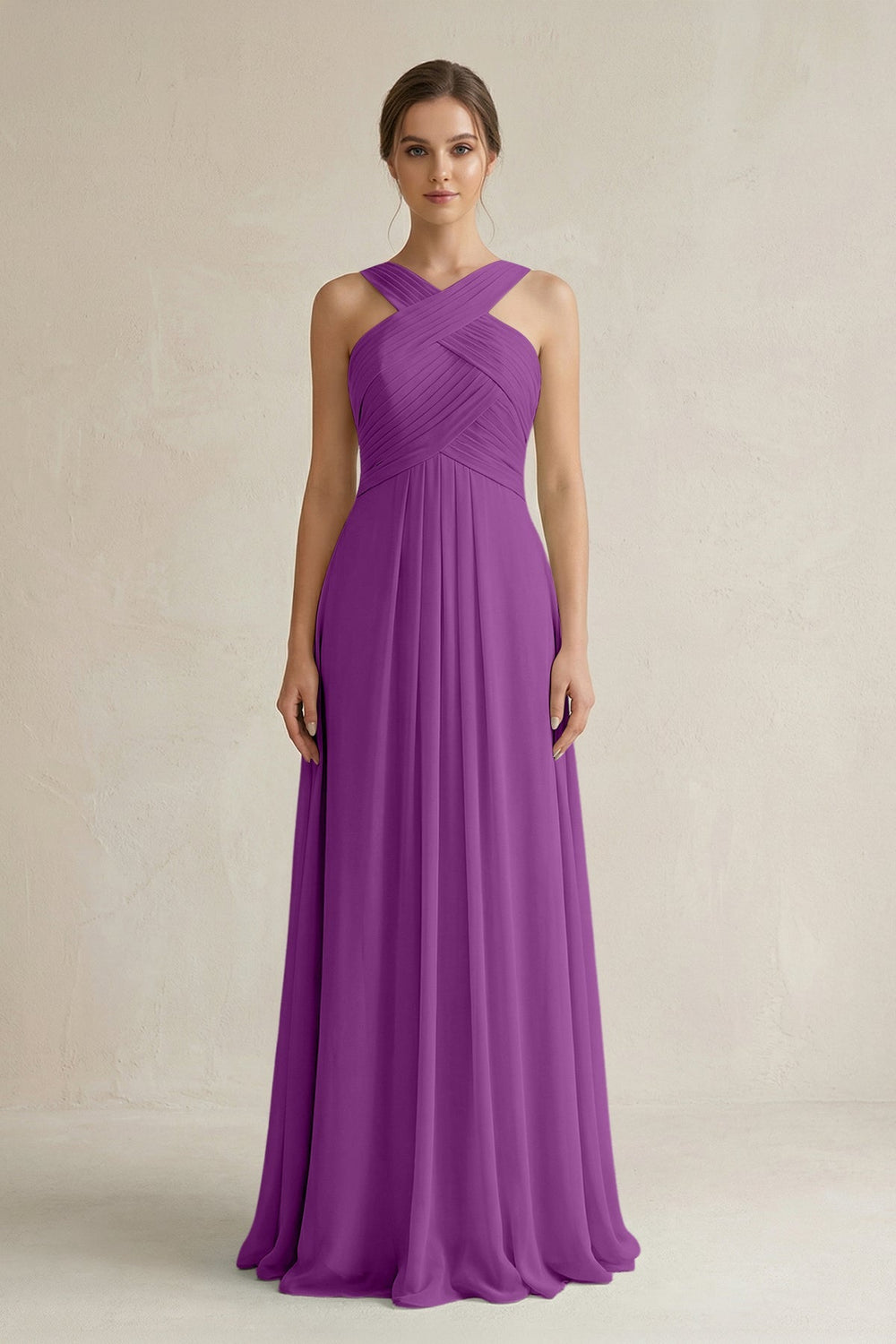 Cross Halter Chiffon A - Line Pleated Bridesmaid Dress in Amethyst - KissProm Bridesmaid Dresses