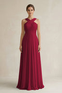 Cross Halter Chiffon A - Line Pleated Bridesmaid Dress in Berry - KissProm Bridesmaid Dresses