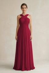 Cross Halter Chiffon A - Line Pleated Bridesmaid Dress in Berry - KissProm Bridesmaid Dresses