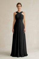 Cross Halter Chiffon A - Line Pleated Bridesmaid Dress in Black - KissProm Bridesmaid Dresses
