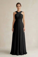 Cross Halter Chiffon A - Line Pleated Bridesmaid Dress in Black - KissProm Bridesmaid Dresses