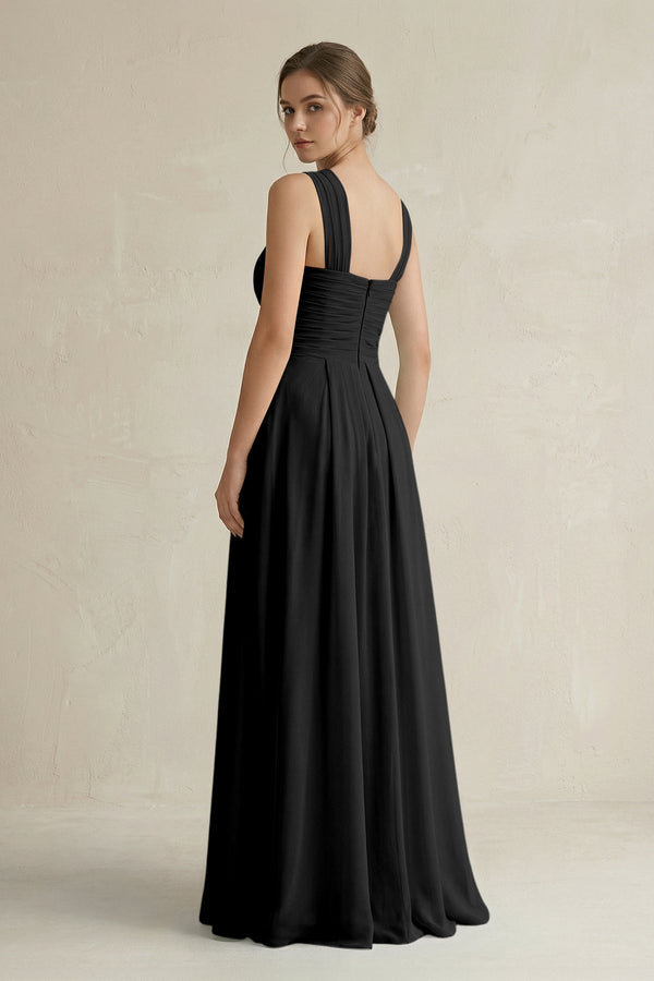 Cross Halter Chiffon A - Line Pleated Bridesmaid Dress in Black - KissProm Bridesmaid Dresses