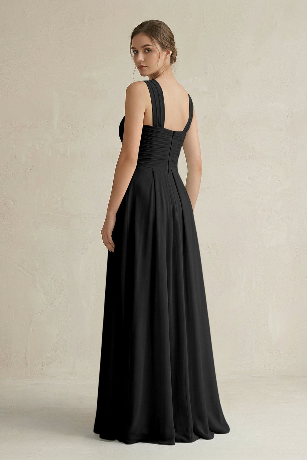 Cross Halter Chiffon A - Line Pleated Bridesmaid Dress in Black - KissProm Bridesmaid Dresses