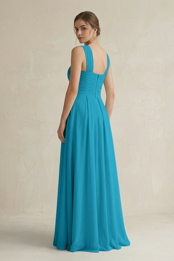 Cross Halter Chiffon A - Line Pleated Bridesmaid Dress in Blue Jay - KissProm Bridesmaid Dresses