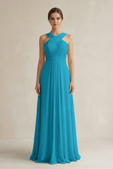 Cross Halter Chiffon A - Line Pleated Bridesmaid Dress in Blue Jay - KissProm Bridesmaid Dresses