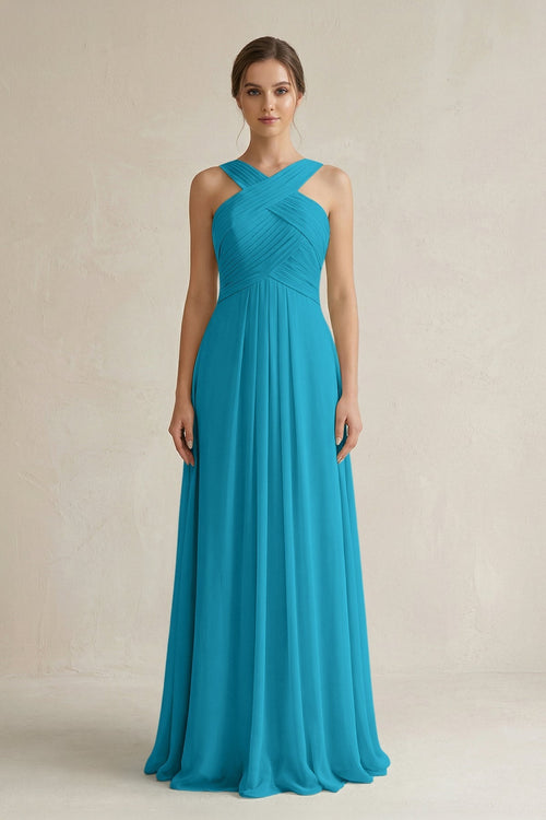 Cross Halter Chiffon A - Line Pleated Bridesmaid Dress in Blue Jay - KissProm Bridesmaid Dresses