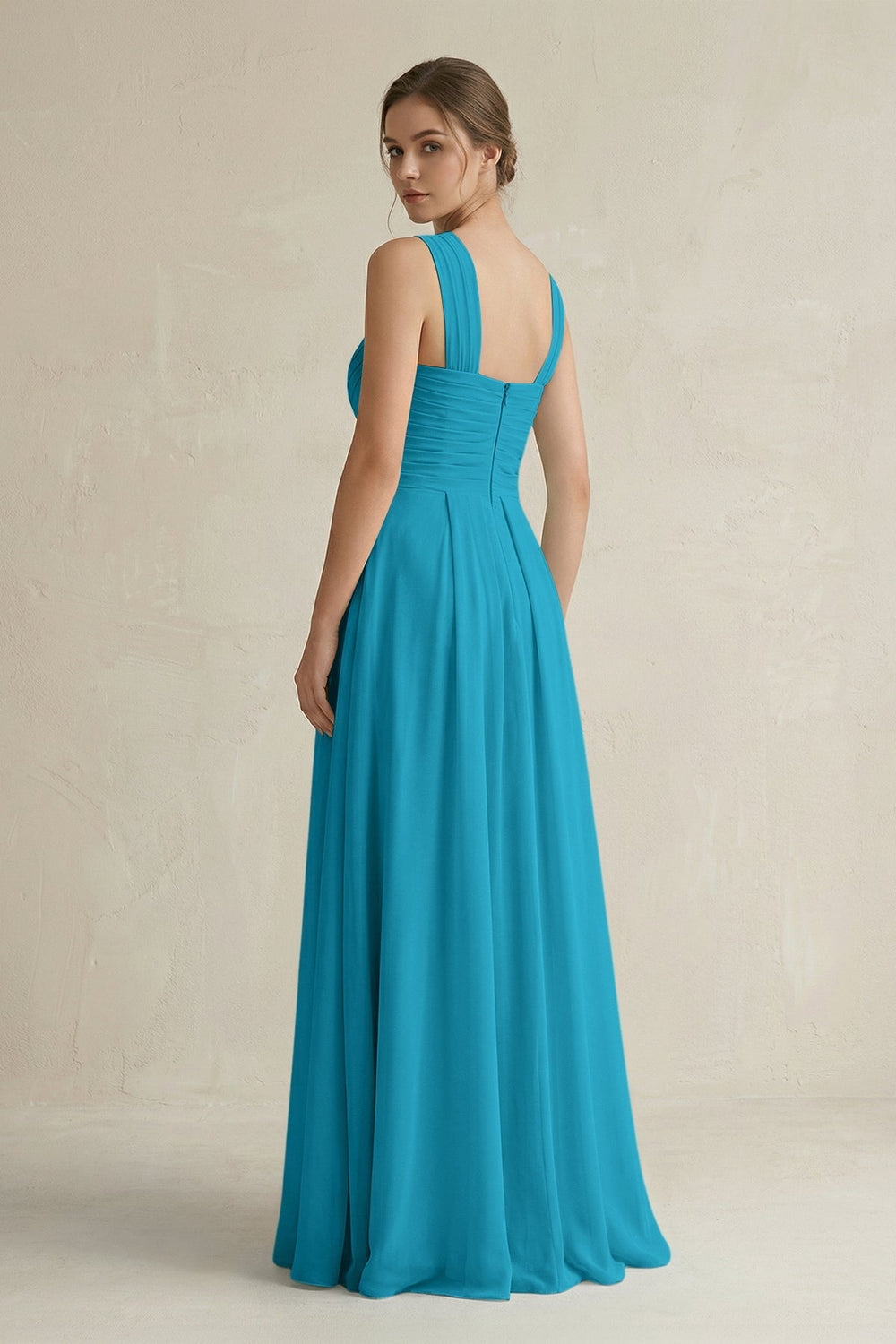 Cross Halter Chiffon A - Line Pleated Bridesmaid Dress in Blue Jay - KissProm Bridesmaid Dresses
