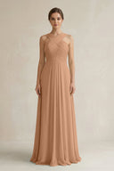 Cross Halter Chiffon A - Line Pleated Bridesmaid Dress in Bronzer - KissProm Bridesmaid Dresses