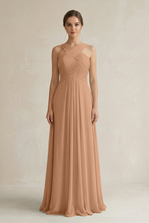Cross Halter Chiffon A - Line Pleated Bridesmaid Dress in Bronzer - KissProm Bridesmaid Dresses