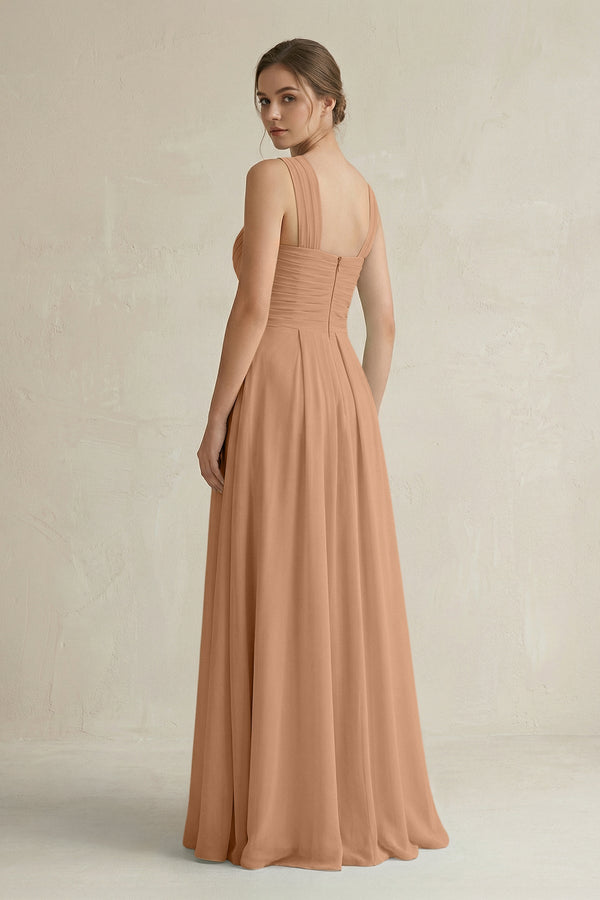 Cross Halter Chiffon A - Line Pleated Bridesmaid Dress in Bronzer - KissProm Bridesmaid Dresses