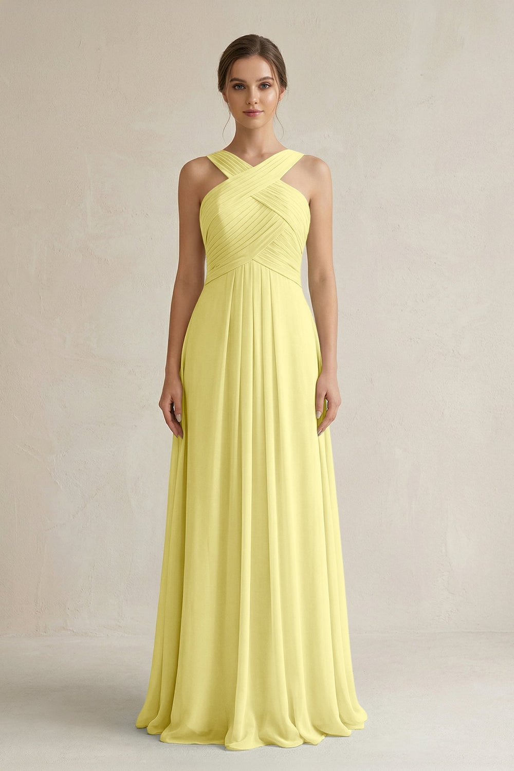 Cross Halter Chiffon A - Line Pleated Bridesmaid Dress in Buttercup - KissProm Bridesmaid Dresses
