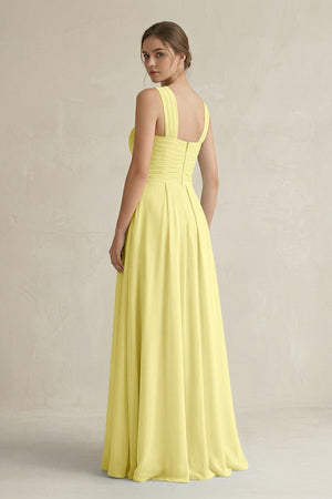 Cross Halter Chiffon A - Line Pleated Bridesmaid Dress in Buttercup - KissProm Bridesmaid Dresses