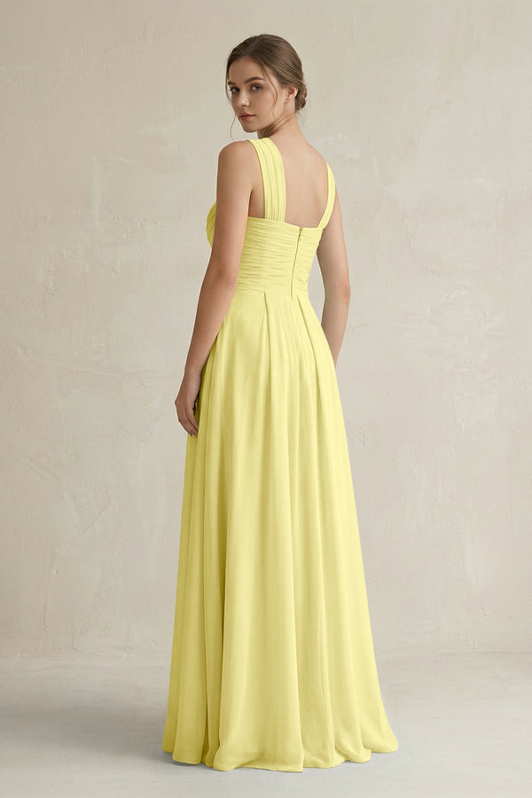 Cross Halter Chiffon A - Line Pleated Bridesmaid Dress in Buttercup - KissProm Bridesmaid Dresses