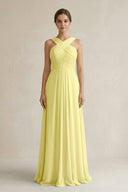 Cross Halter Chiffon A - Line Pleated Bridesmaid Dress in Buttercup - KissProm Bridesmaid Dresses