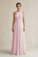Cross Halter Chiffon A - Line Pleated Bridesmaid Dress in Candy Pink - KissProm Bridesmaid Dresses